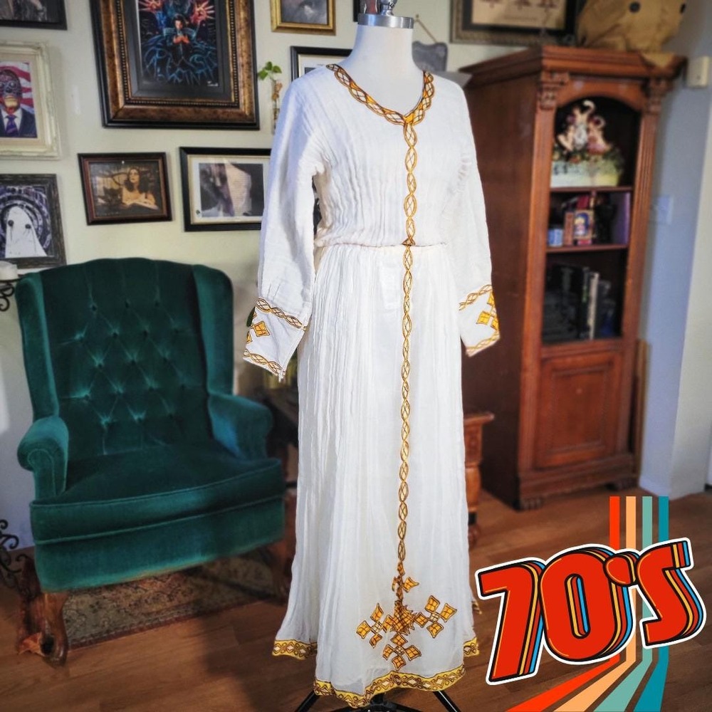 Vintage 1970s Ethiopian Habesha White Embroidered Traditional Cotton Dress Boho